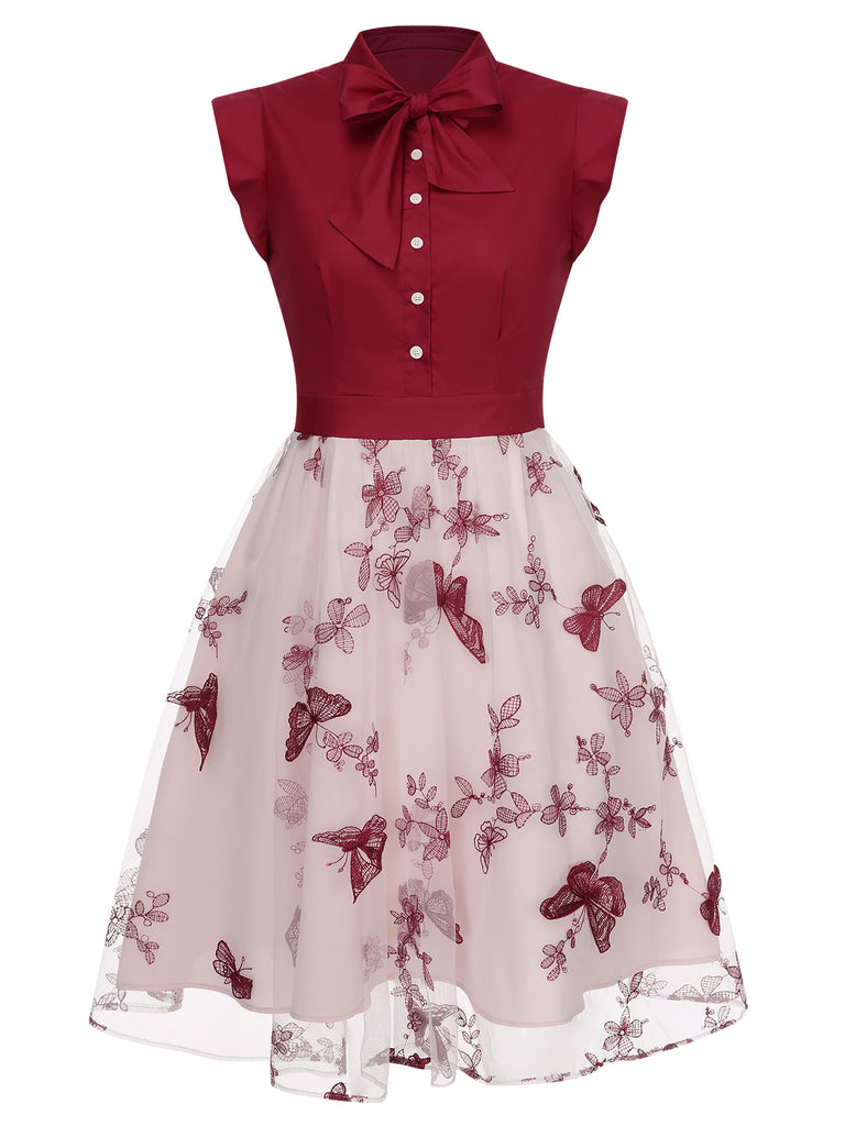 [Pre-Sale] Wine Red 1950s Butterfly Patchwork Vintage Dress