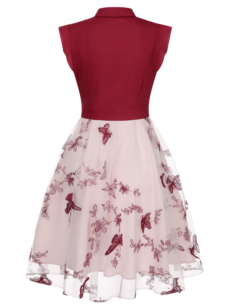 [Pre-Sale] Wine Red 1950s Butterfly Patchwork Vintage Dress