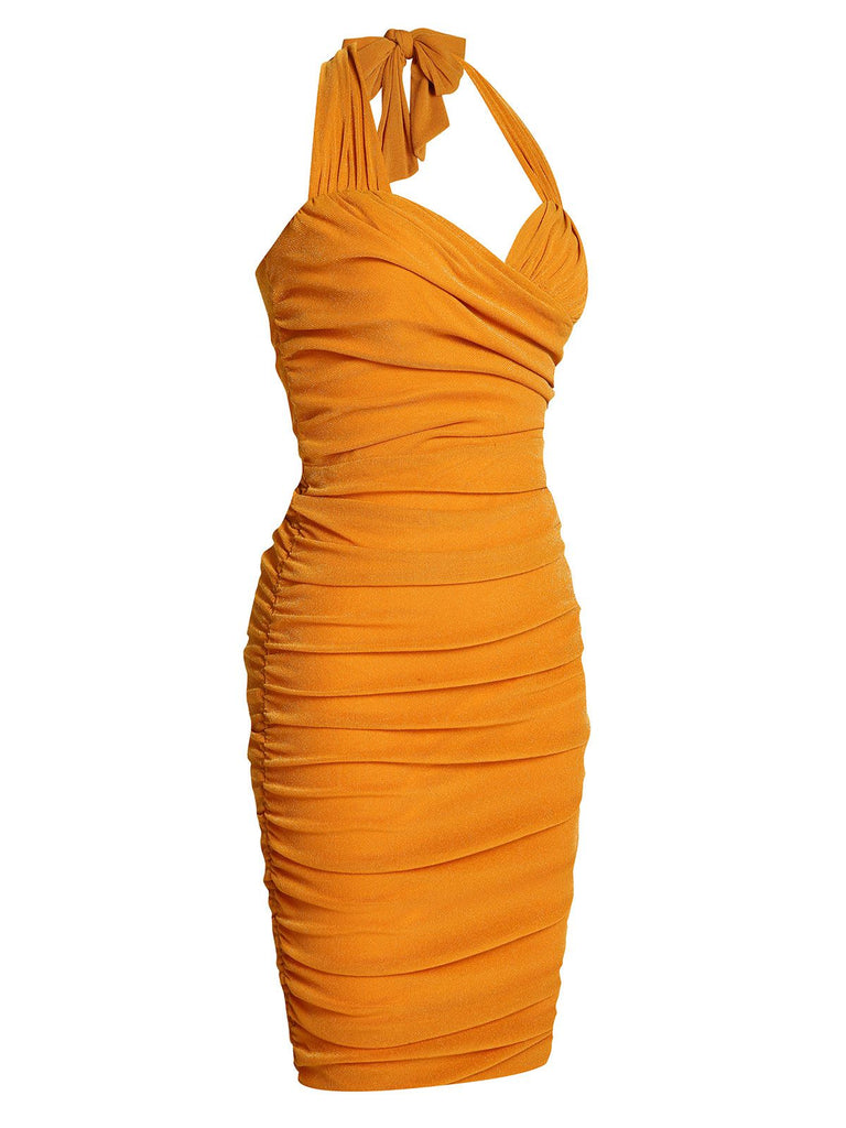 Orange Solid Folds Halter Pencil Dress