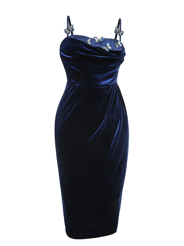 Blue 1960s 3D Butterfly Velvet Pencil Dress