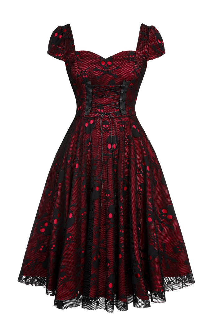 Wine Red 1950s Skull Mesh Swing Dress