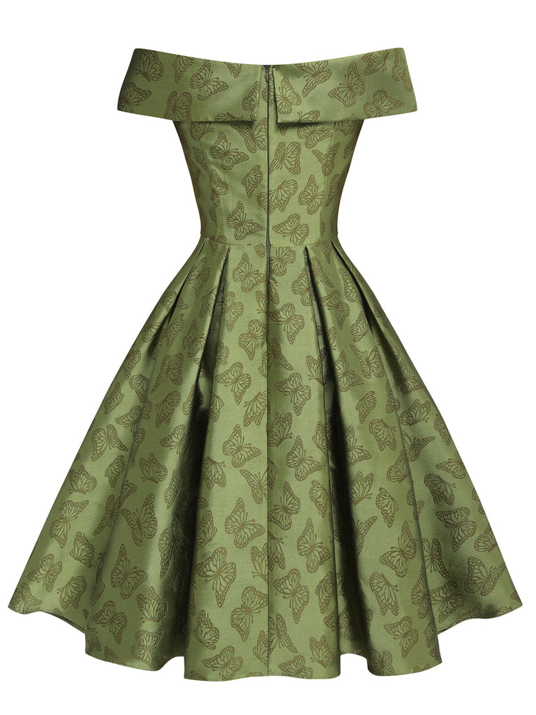 Green 1950s Off-Shoulder Vintage Dress