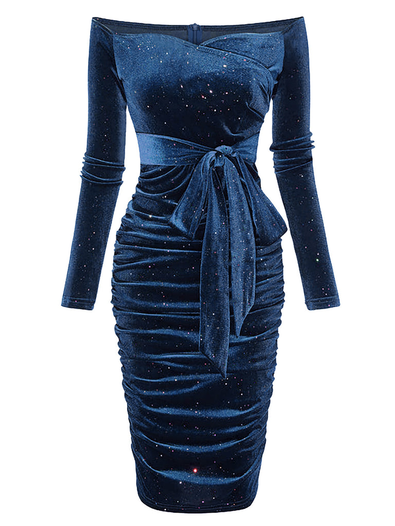 1960s Solid Off-Shoulder Velvet Dress