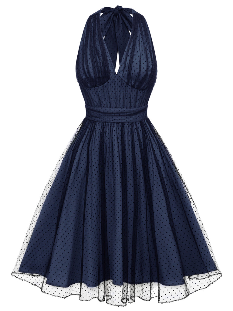 [Pre-Sale] Blue 1950s Halter Polka Dots Mesh Dress