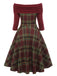 Wine Red 1950s Plaids Off-Shoulder Dress