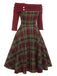 Wine Red 1950s Plaids Off-Shoulder Dress