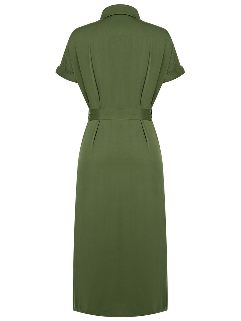 Green 1940s Solid Belted Slit Dress | Retro Stage