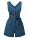 [Pre-Sale] Blue 1950s V-Neck Button Waist Tie Romper
