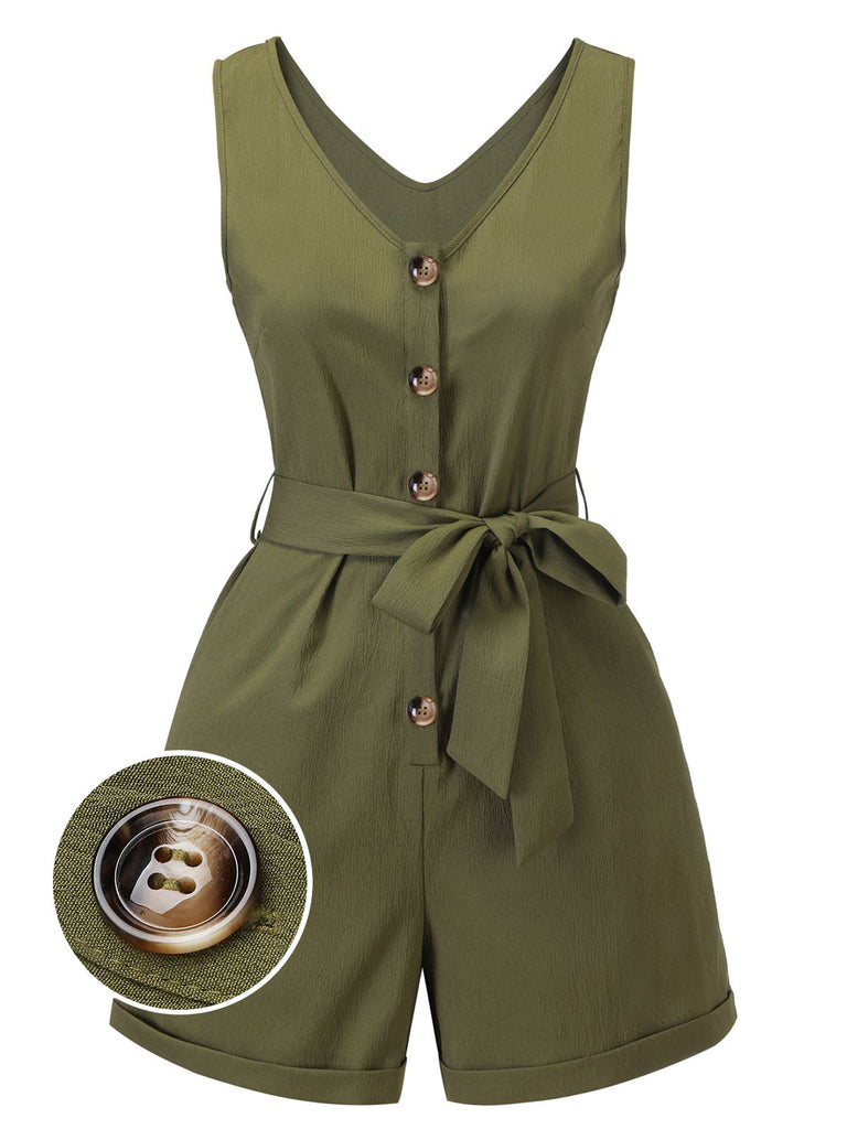 Olive Green 1950s V-Neck Button Waist Tie Romper