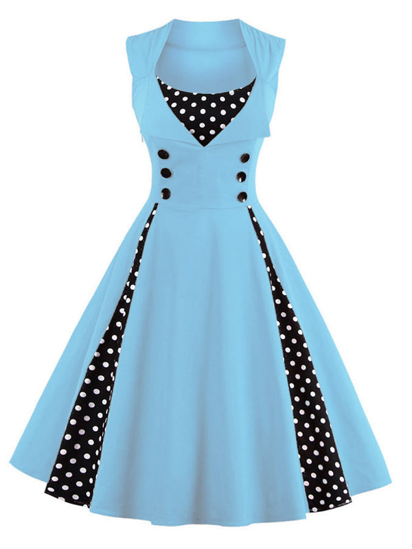 1950s Polka Dots Lapel Patchwork Swing Dress | Retro Stage