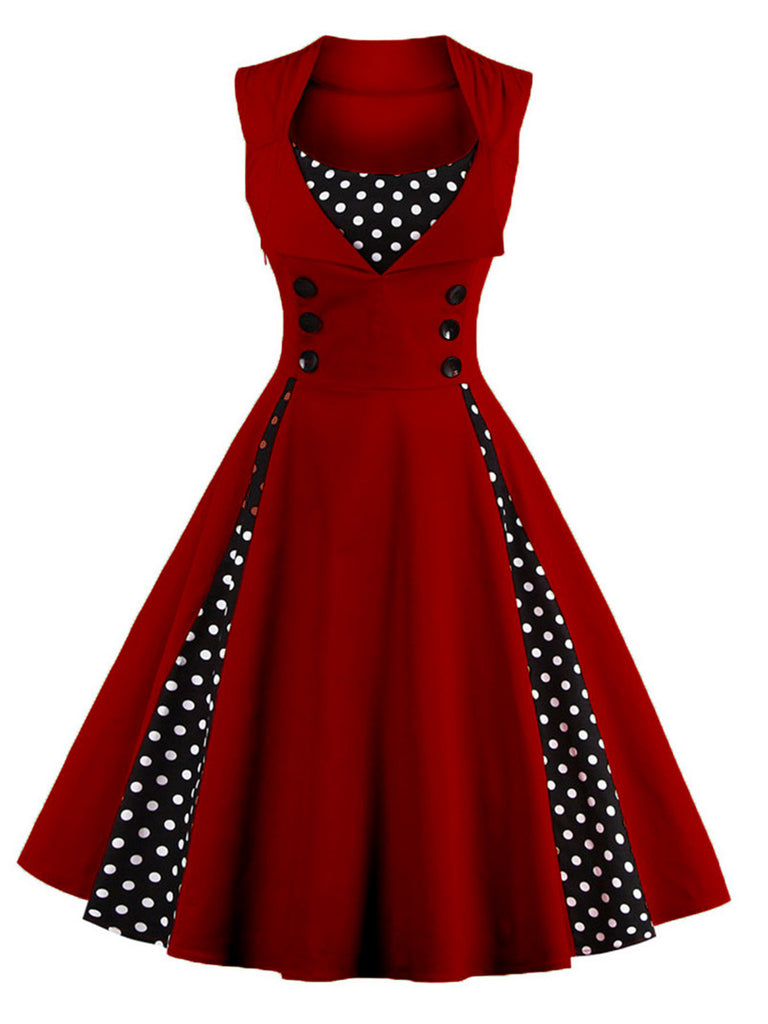 1950s Polka Dots Lapel Patchwork Swing Dress | Retro Stage