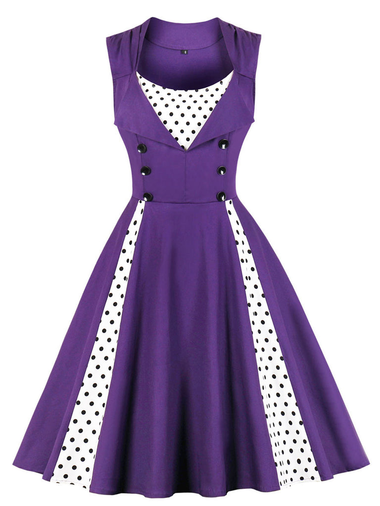 1950s Polka Dots Lapel Patchwork Swing Dress