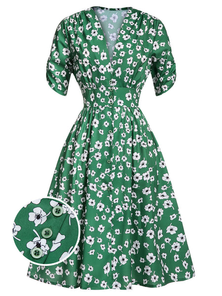 Green 1940s V-Neck Floral Dress | Retro Stage