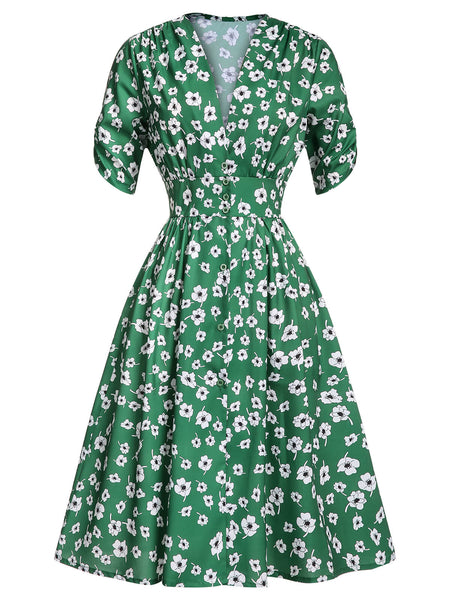 Green 1940s V-Neck Floral Dress | Retro Stage