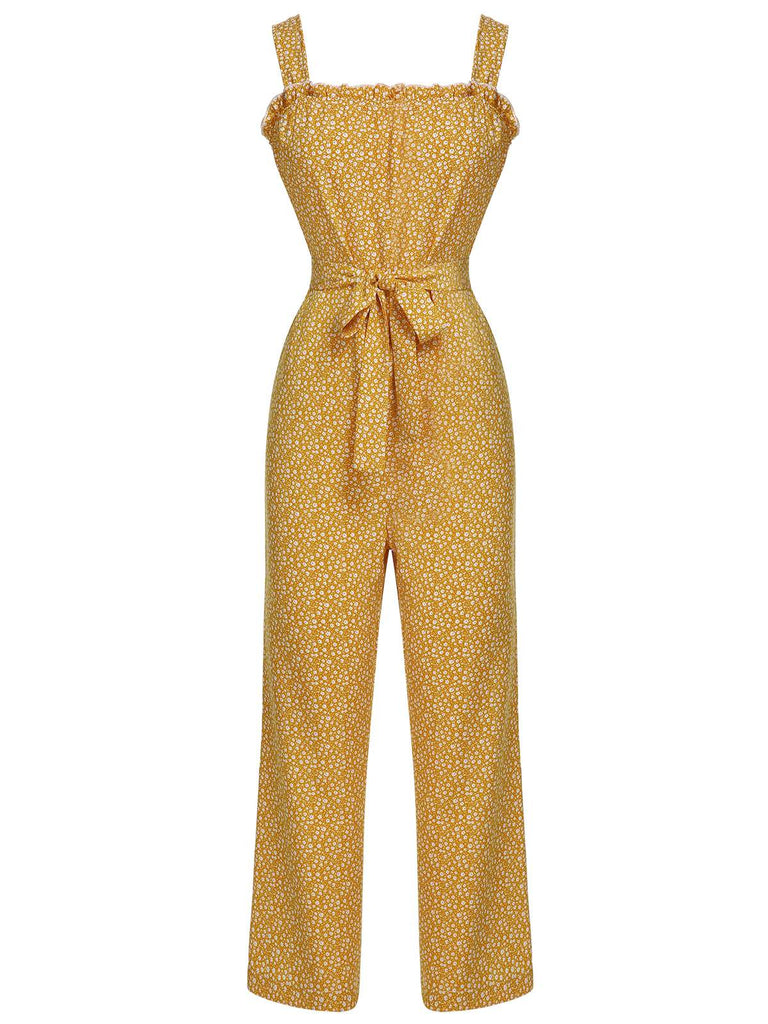 Yellow 1930s Floral Ruffles Tie Jumpsuit | Retro Stage
