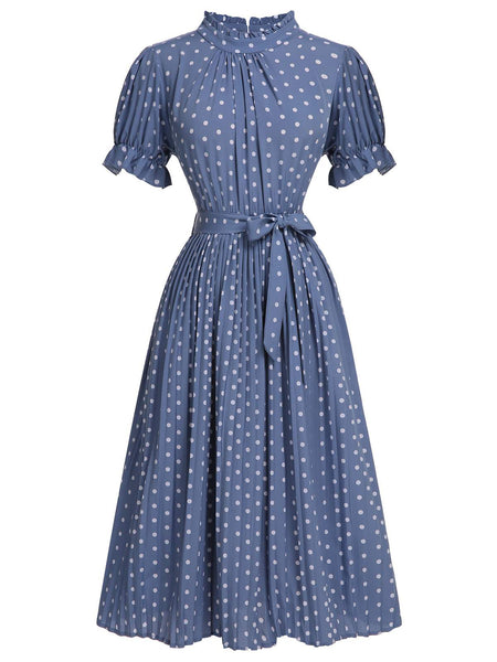 Blue 1930s Polka Dots Bow Tie Pleated Dress | Retro Stage