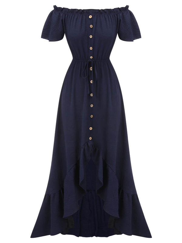 1930s Navy Blue One-Shoulder Button Long Dress | Retro Stage