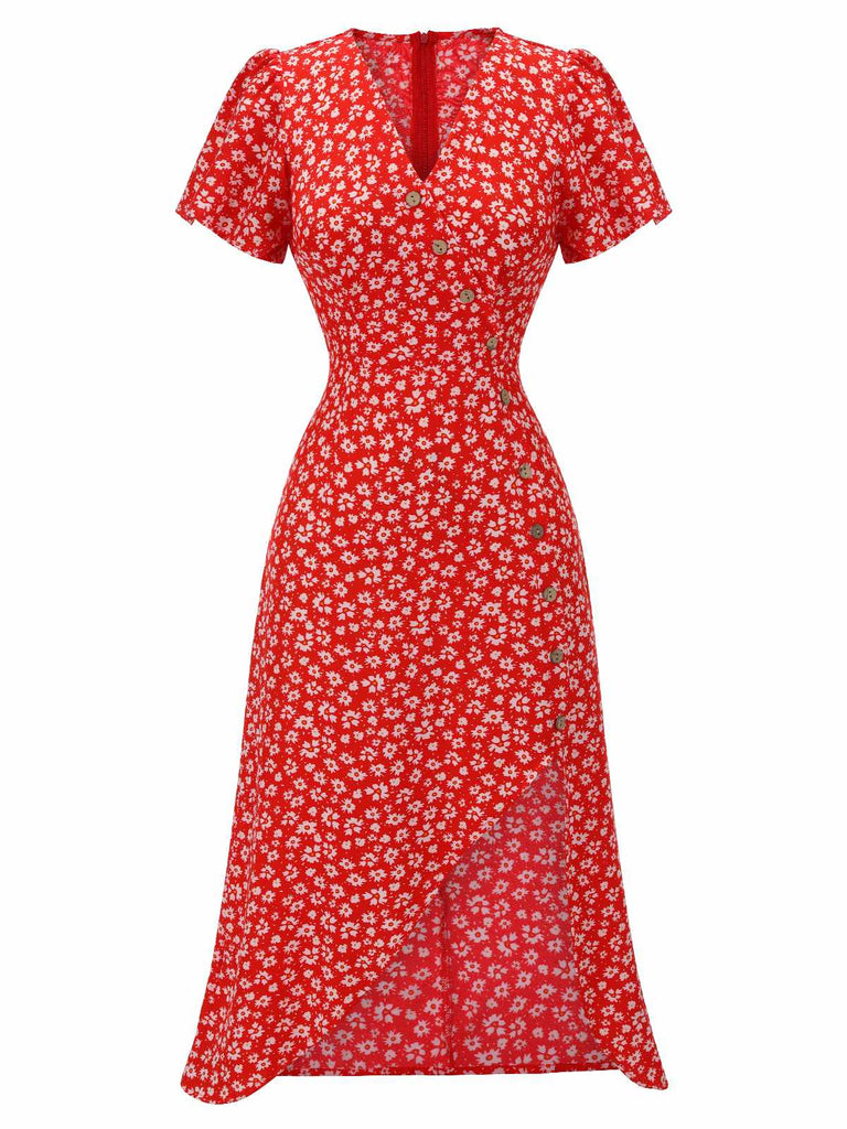 Red 1940s Floral V-Neck Added Button Dress