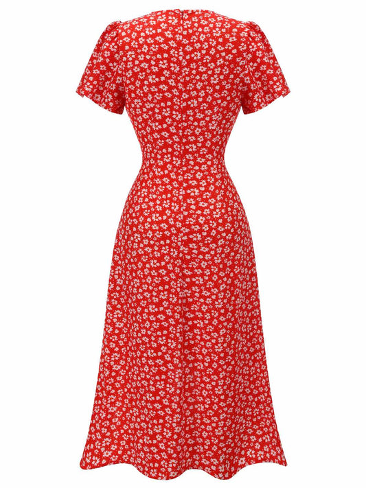 Red 1940s Floral V-Neck Added Button Dress