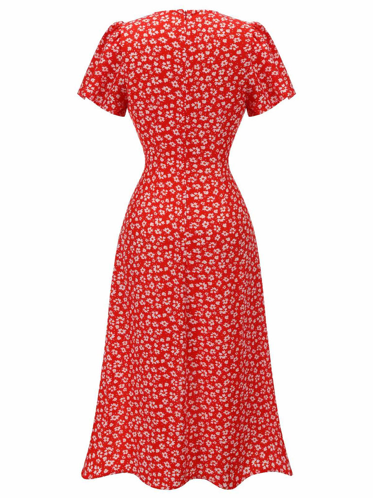 Red 1940s Floral V-Neck Added Button Dress