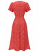 Red 1940s Floral V-Neck Added Button Dress