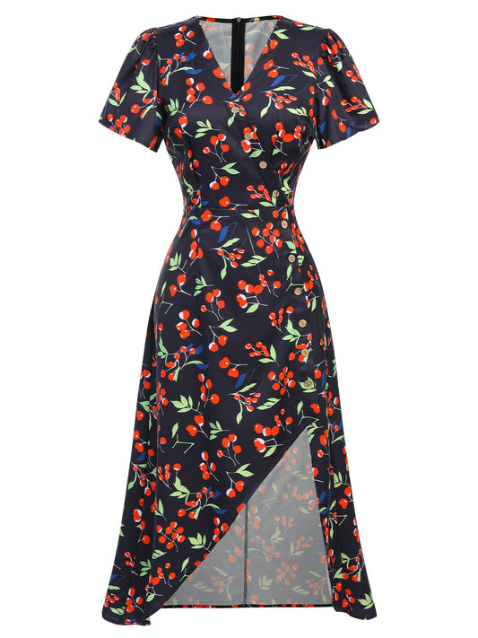 Black 1940s Cherry V-Neck Added Button Dress