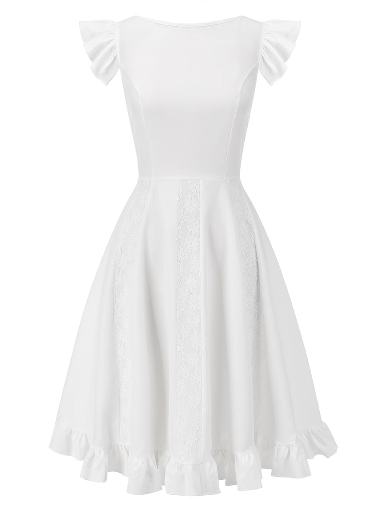 White 1950s Lace Patchwork Solid Dress | Retro Stage