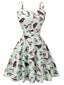 Green 1980s Bird Square Collar Sleeveless Dress