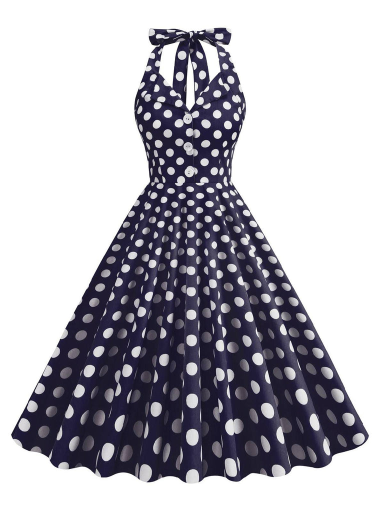 Navy Blue 1950s Polka Dot Halter Dress | Retro Stage