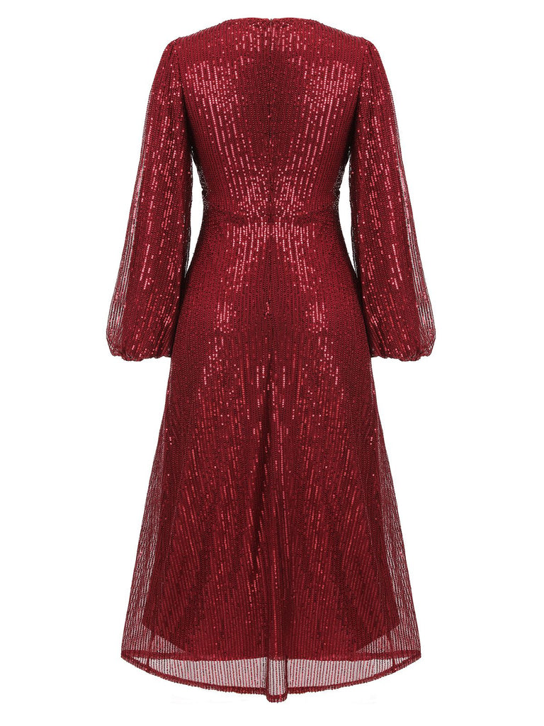 Red 1930s Solid Sequined V-Neck Shift Dress | Retro Stage