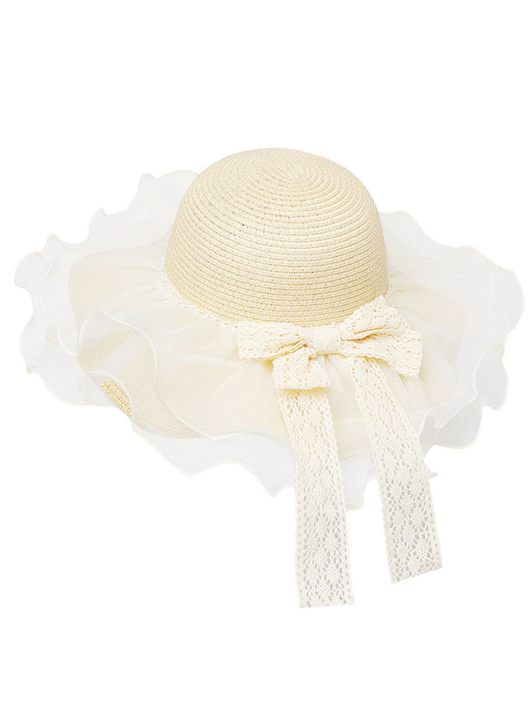 Vintage Lace Bow Sheer Ruffle Brim Sun Hat