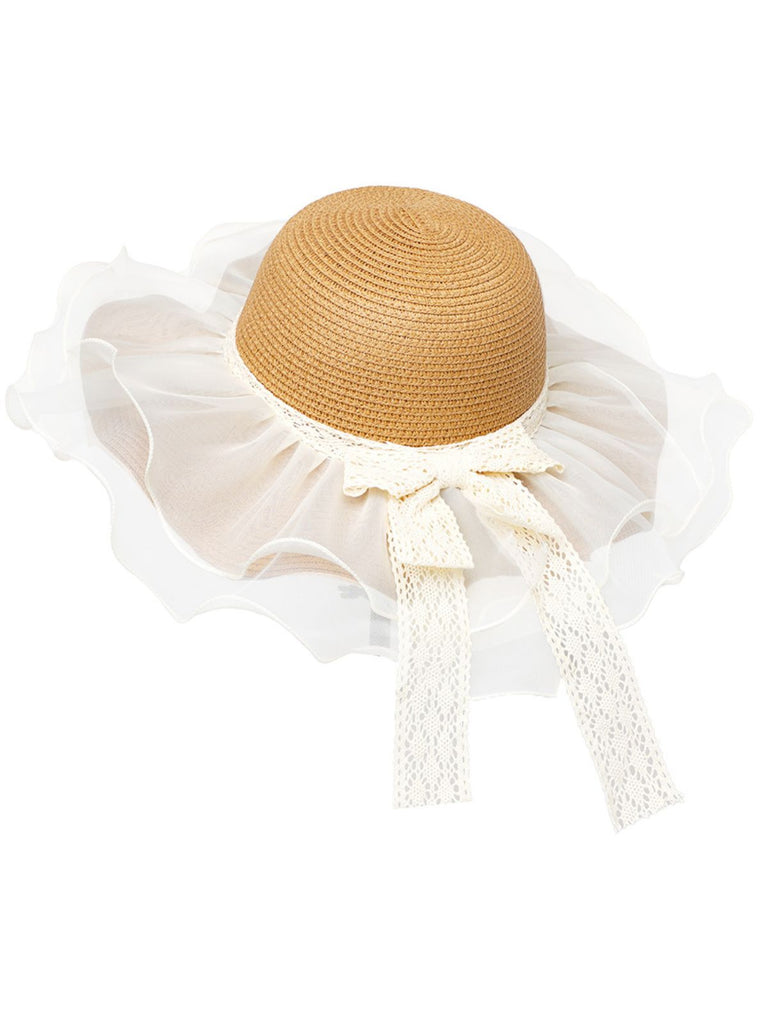 Vintage Lace Bow Sheer Ruffle Brim Sun Hat