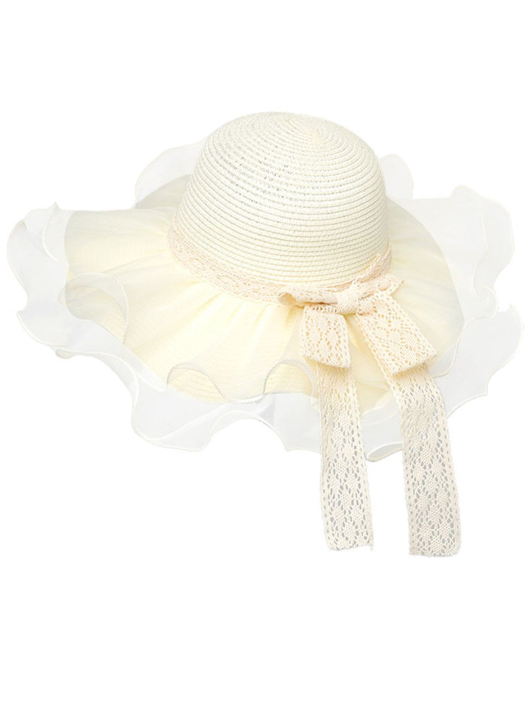 Vintage Lace Bow Sheer Ruffle Brim Sun Hat