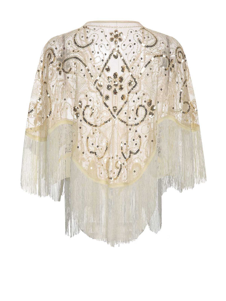 Beige 1920s Sequin Embroidered Fringed Cape