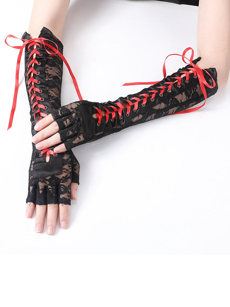 Halloween Punk Party Lace-Up Half Finger Gloves