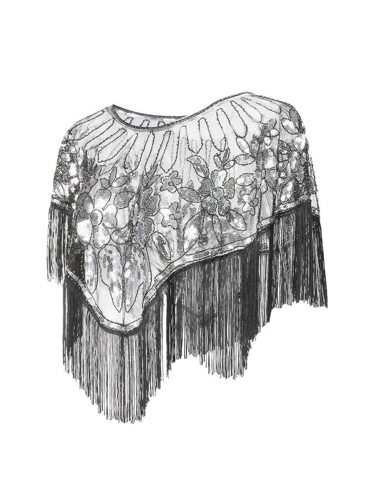 1920s Crew Neck Sequins Tassel Cape