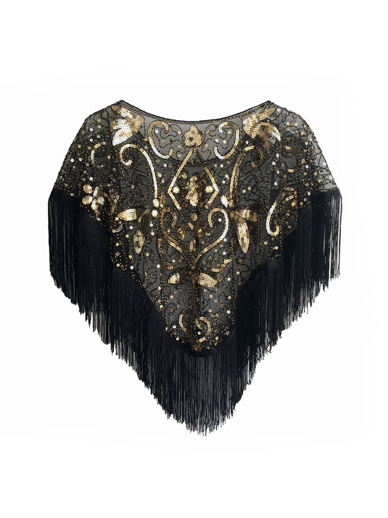 1920s Crew Neck Sequined Tassel Cape