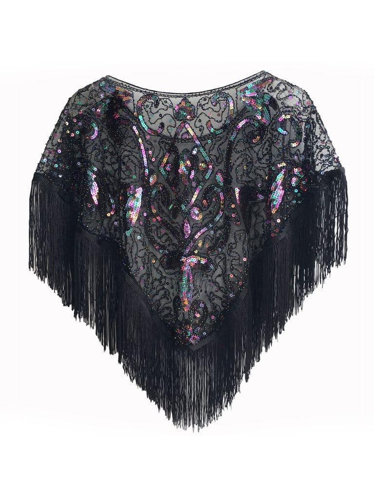 1920s Crew Neck Sequined Tassel Cape