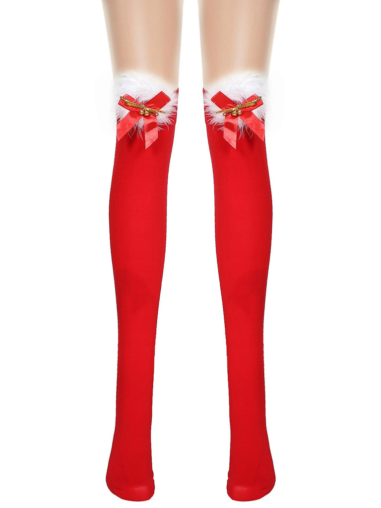 Red Christmas Furry Thigh High Socks