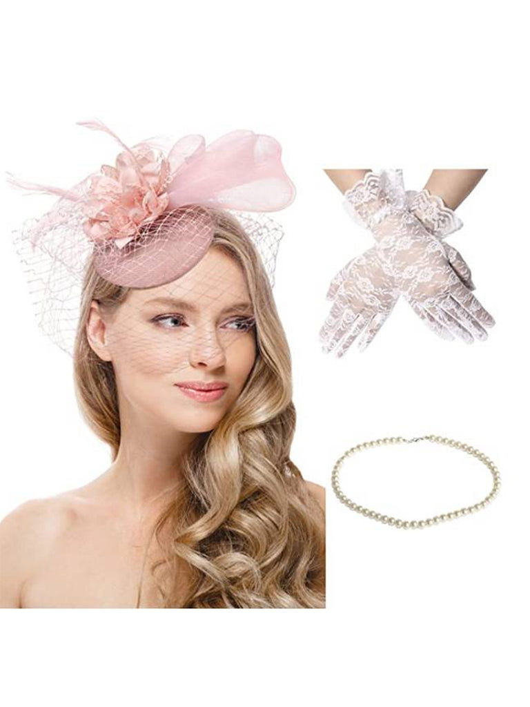 3PCS Feather Hat And Necklace And Lace Gloves