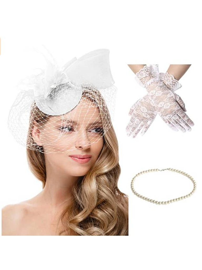 3PCS Feather Hat And Necklace And Lace Gloves