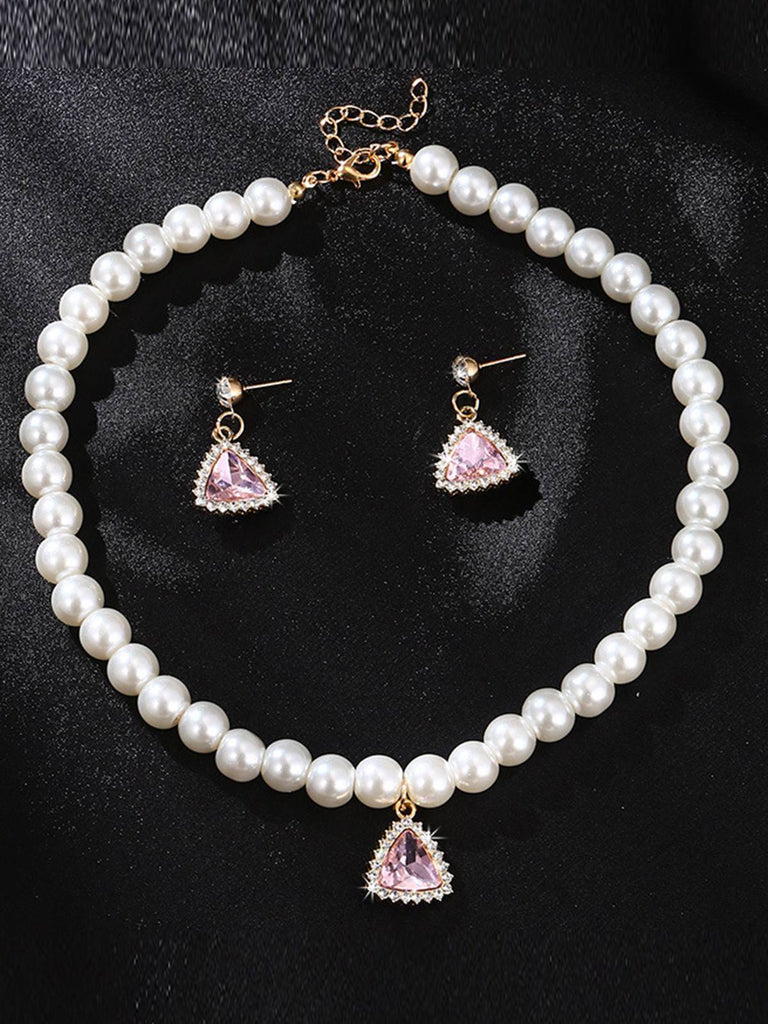 Valentine Imitation Pearl Necklace & Rhinestoned Earrings Set