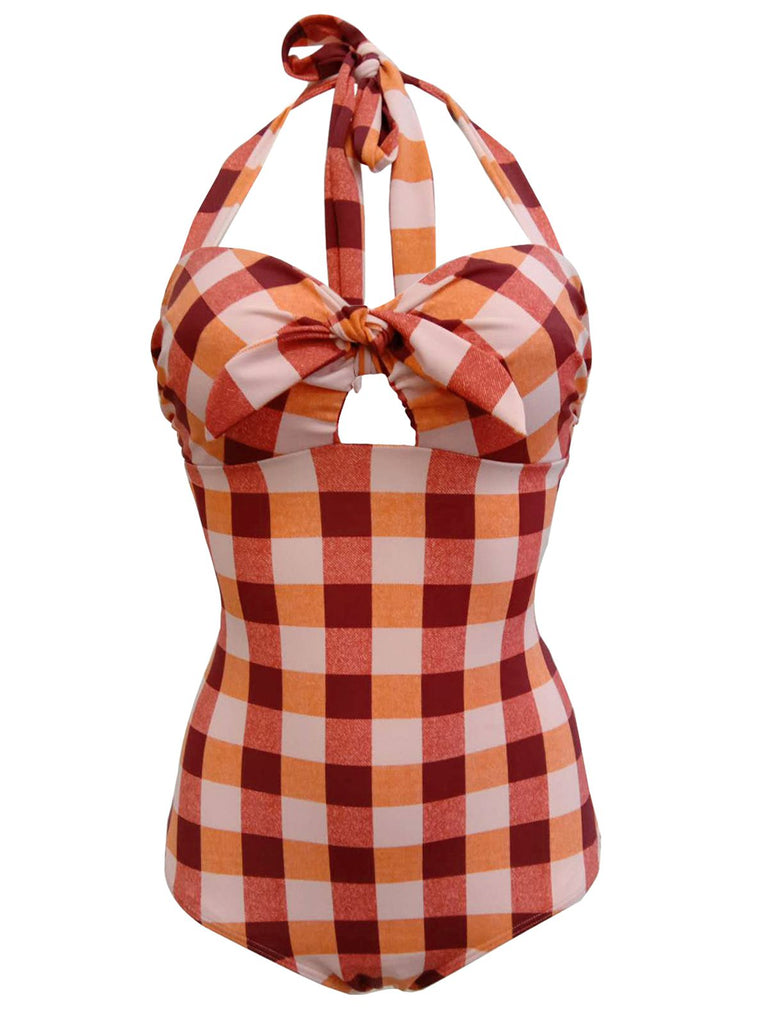 [US Warehouse] 1950s Plaid Halter One-Piece Swimsuit