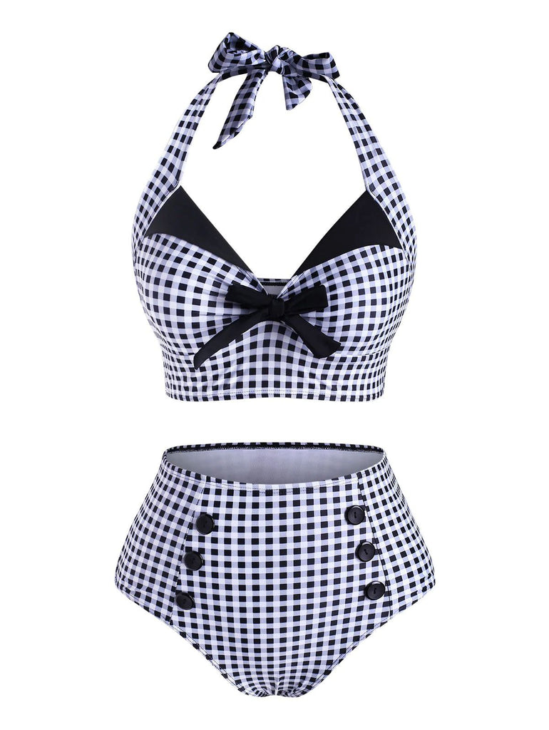 Black Gingham Halter Bowknot Bikini Set