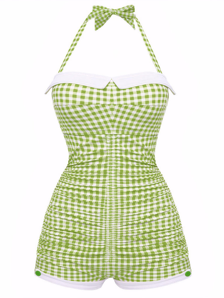 [Pre-Sale] Checked 1950s Halter Bowknot One-piece Swimsuit