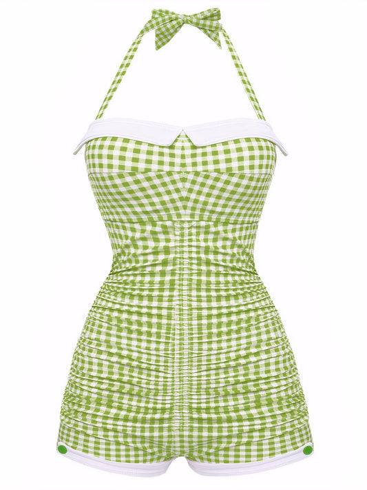 Gingham 1950s Halter Bowknot One-piece Swimsuit