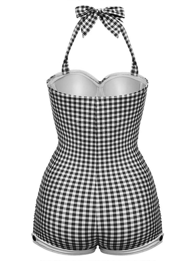 Gingham 1950s Halter Bowknot One-piece Swimsuit