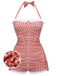 [Plus Size] Gingham 1950s Halter Bowknot One-piece Swimsuit