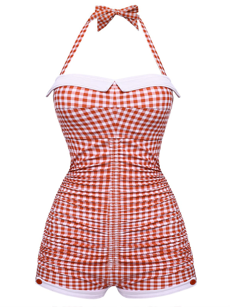 [Plus Size] Gingham 1950s Halter Bowknot One-piece Swimsuit