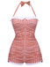 [Plus Size] Gingham 1950s Halter Bowknot One-piece Swimsuit